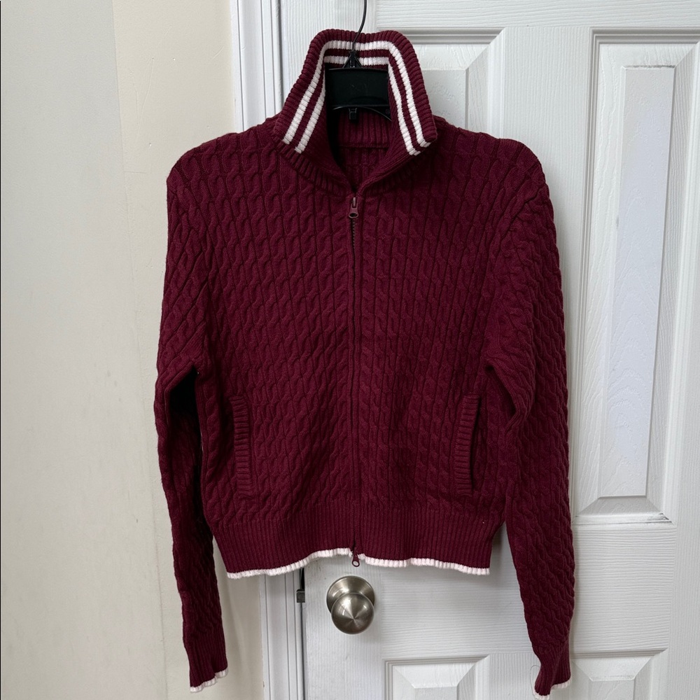 Burgundy Cable Knit Zip-Up Sweater SIZE SMALL
